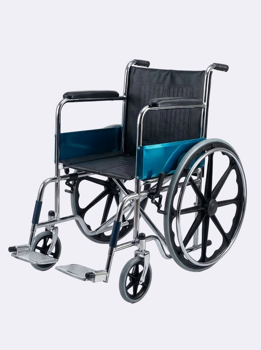 Wheelchair with blue seat cover on a white background
