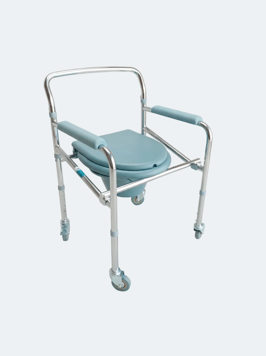 Bathroom chair with wheels and a seat cover on a white background