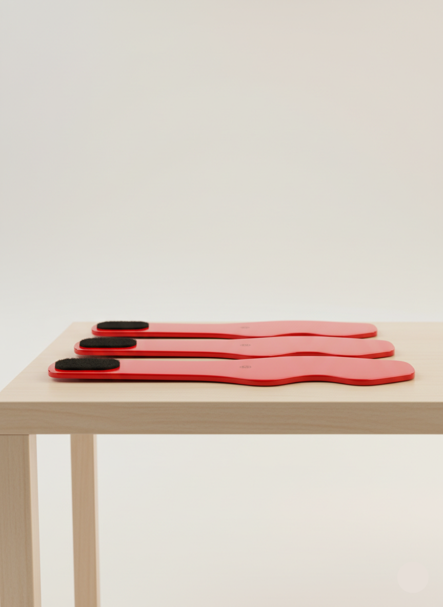 Red cutting boards with black handles on a light wooden surface against a white background