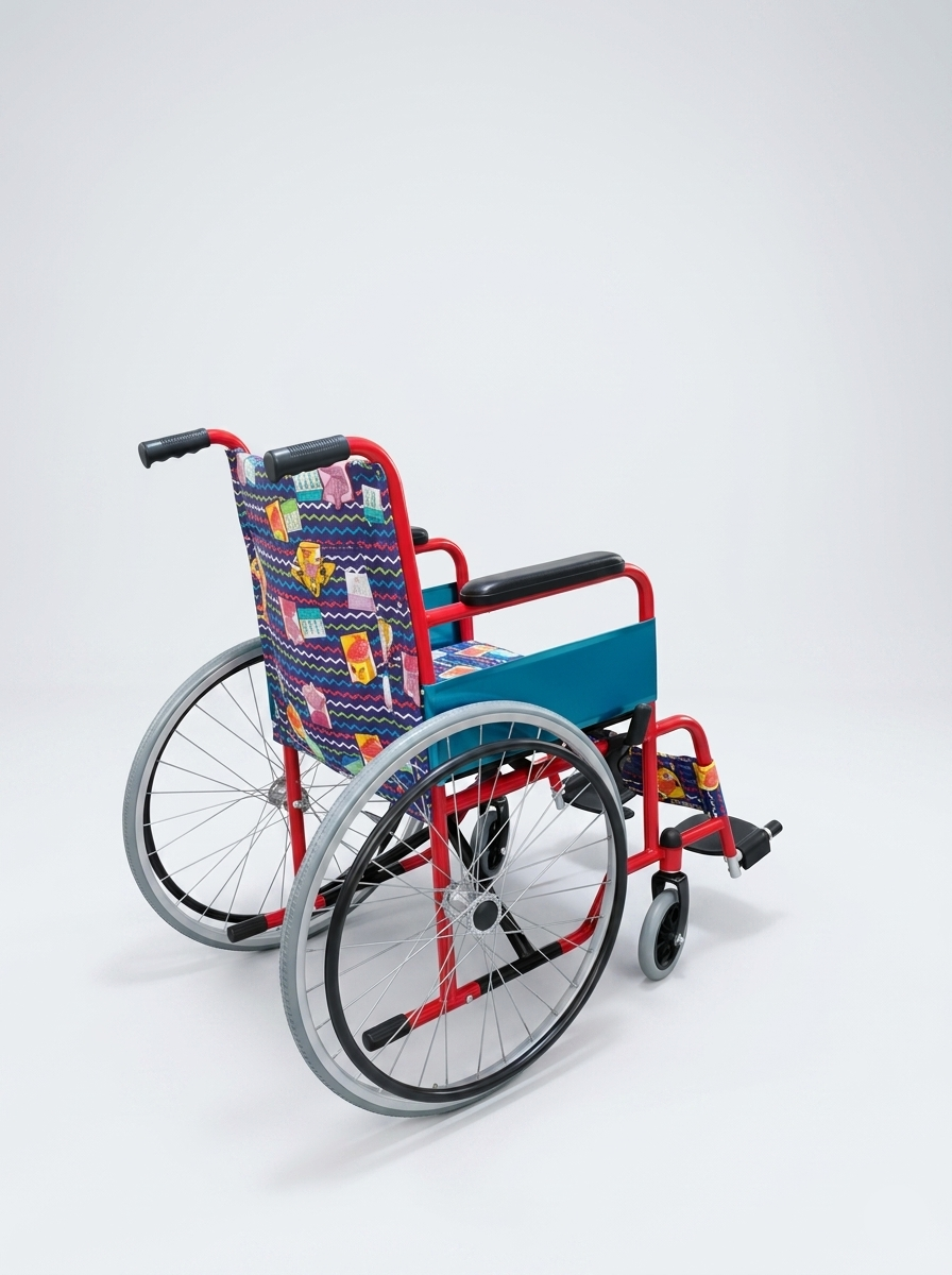Colorful wheelchair with a patterned seat on a white background