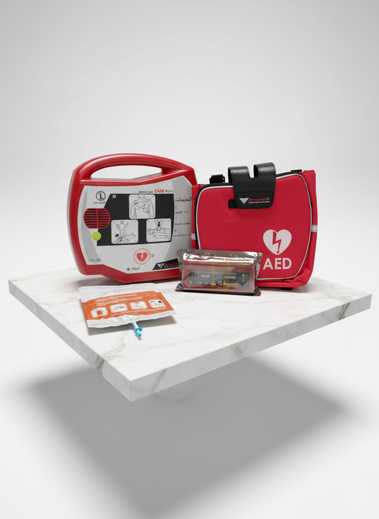 Red AED (Automated External Defibrillator) on a white platform with a white background