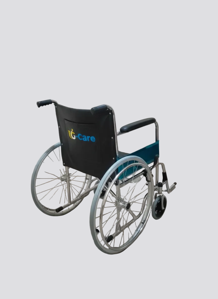 Wheelchair with 'IG-care' branding on a plain floor and wall.