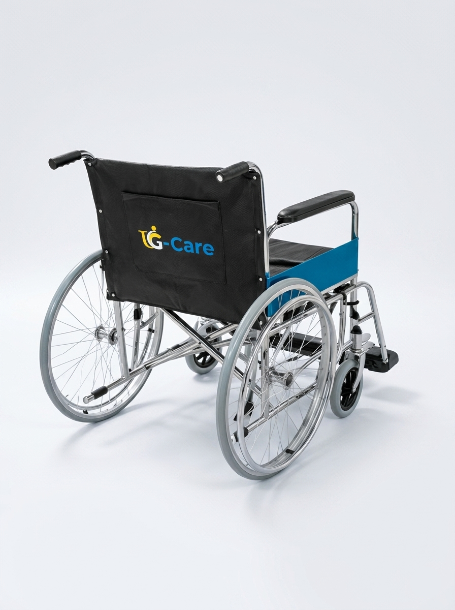 Wheelchair with a black cover featuring 'G-Care' logo on a white background