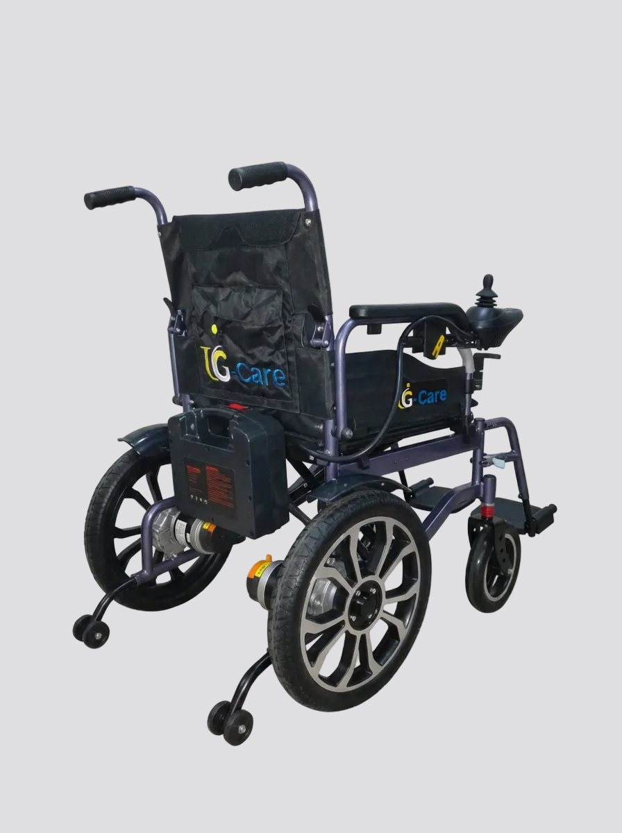 Electric wheelchair with visible branding on a white background