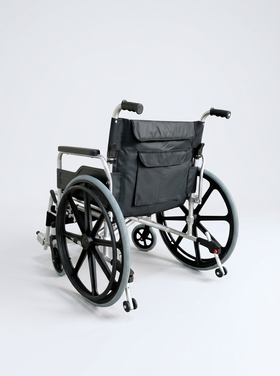 Wheelchair with a black seat and backrest on a light gray background