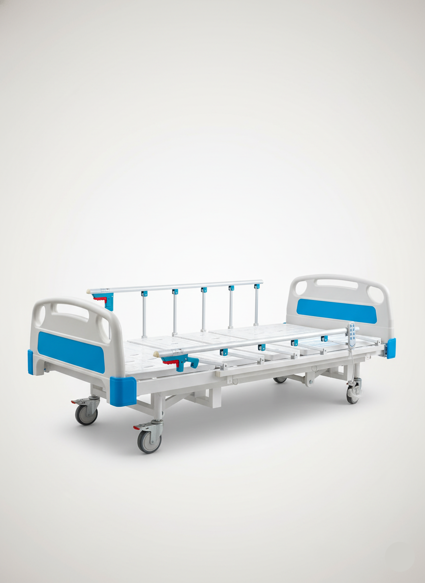 Electric Hospital bed with blue accents on a white background