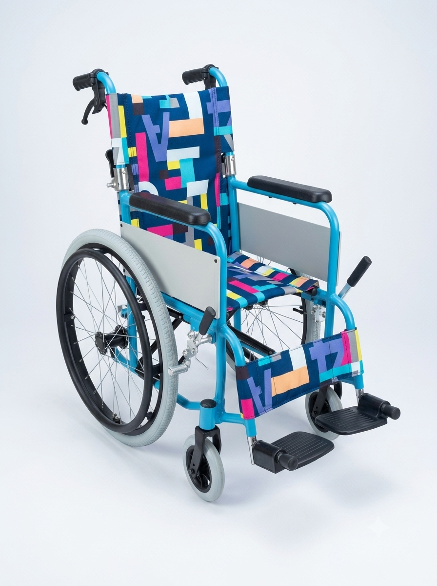 Colorful wheelchair with geometric pattern on a white background