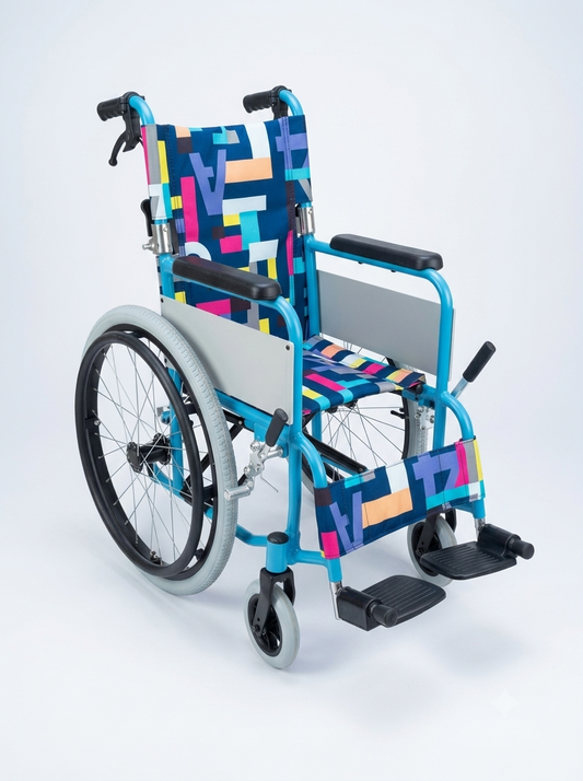 Colorful wheelchair with geometric pattern on a white background