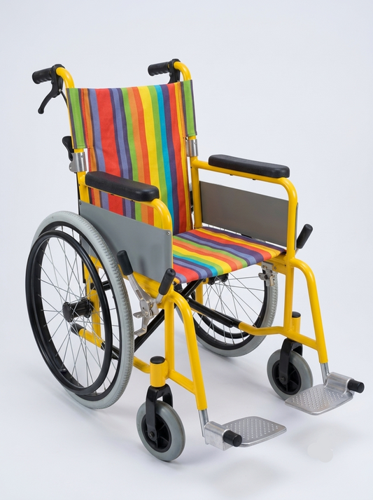 Wheelchair with colorful striped seat cover on a white background