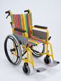 Wheelchair with colorful striped seat cover on a white background