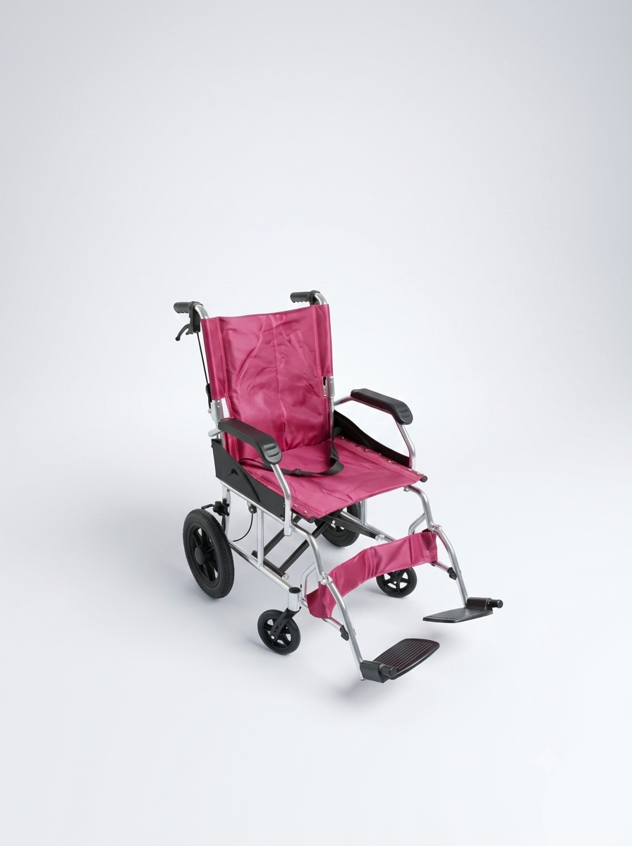 Pink folding wheelchair on a white background