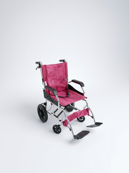 Pink folding wheelchair on a white background