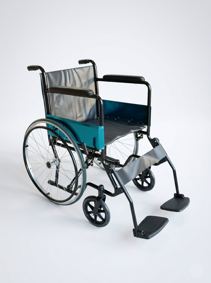 Wheelchair with blue seat cover on a white background
