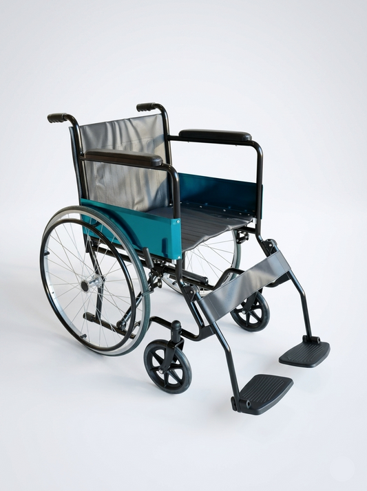 Wheelchair with blue seat cover on a white background