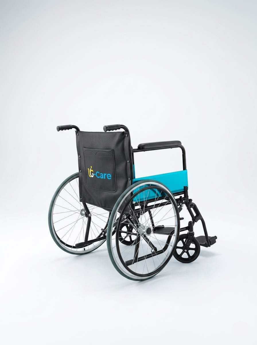 Wheelchair with a blue seat and black frame on a white background