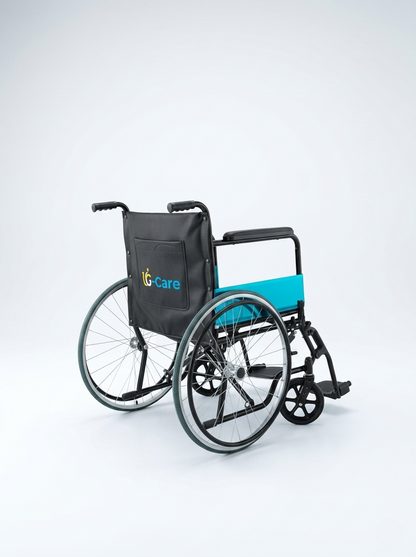 Wheelchair with a blue seat and black frame on a white background