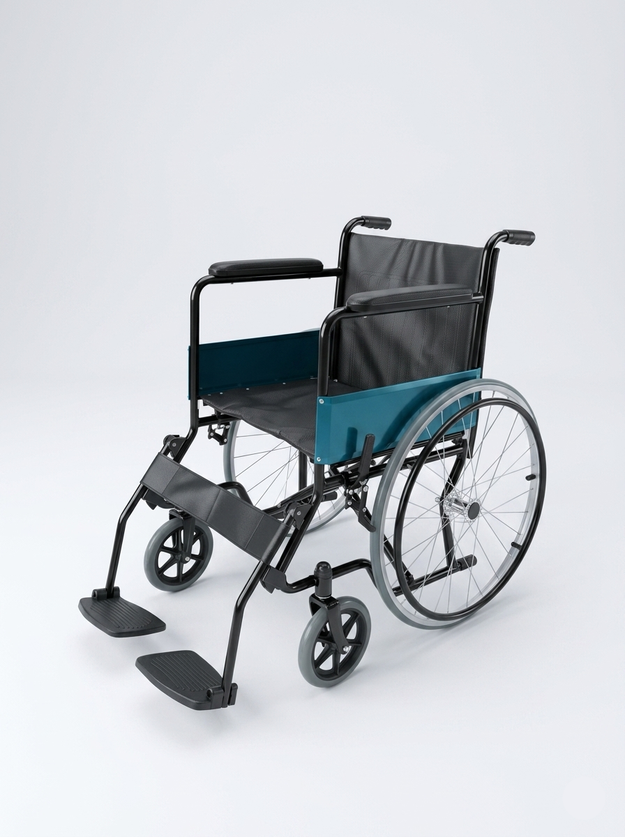 Wheelchair with blue seat on a white background