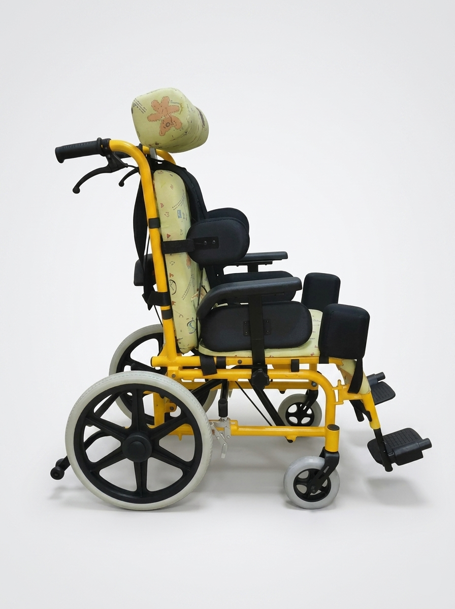 Yellow and black wheelchair with a cushioned seat on a white background