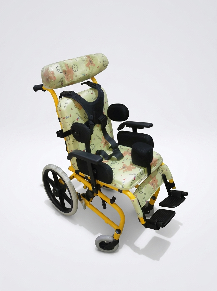 Children's wheelchair with floral patterned seat and backrest on a white background