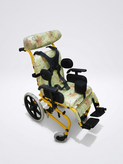 Children's wheelchair with floral patterned seat and backrest on a white background