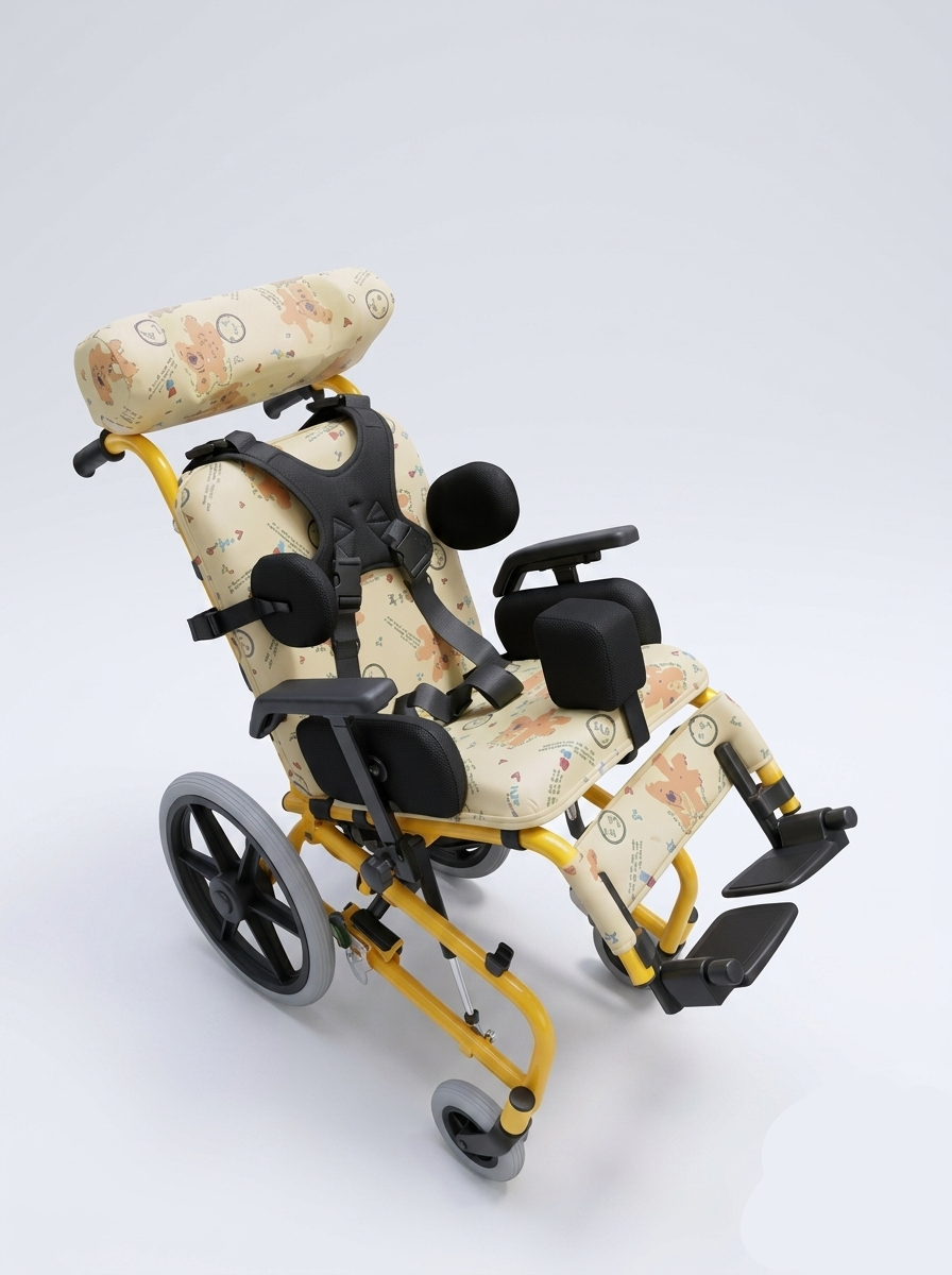 Children's wheelchair with floral patterned seat and backrest on a white background