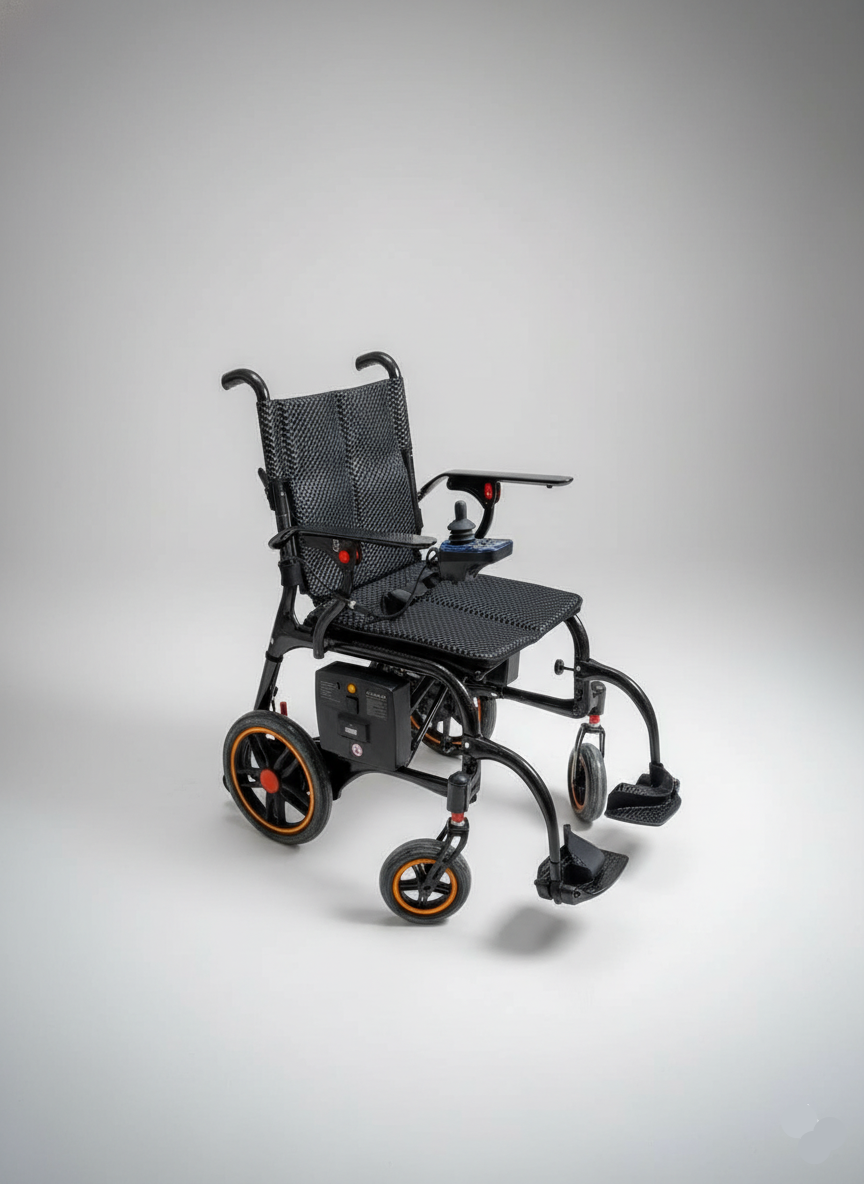 Compact electric wheelchair on a gray background