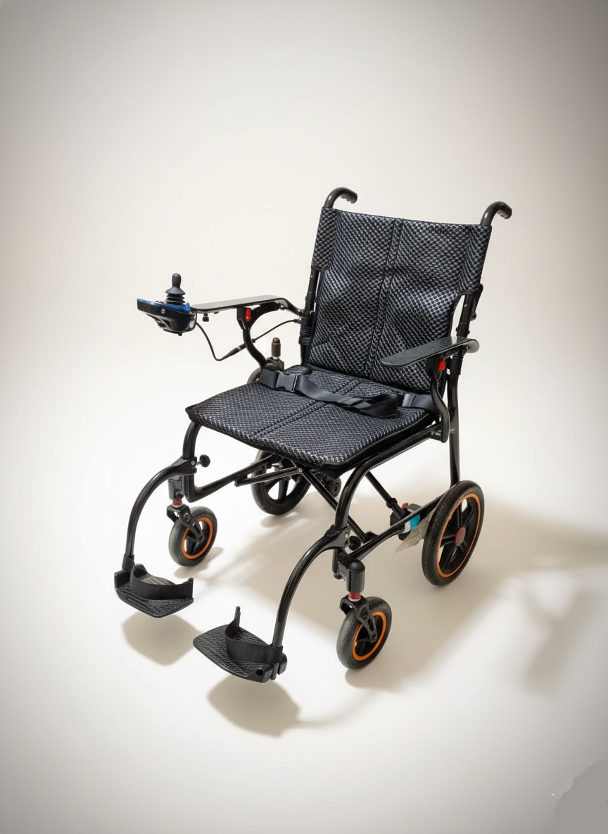 Black wheelchair with armrests on a light gray background
