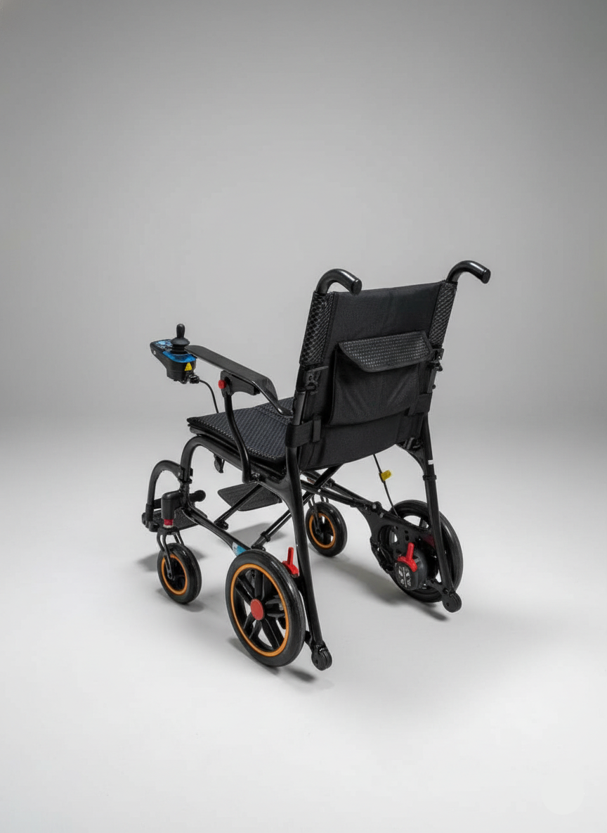 Black folding wheelchair on a gray background