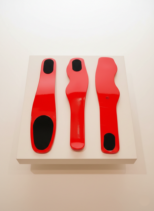 Three red objects with black centers on a white surface against a light gray background