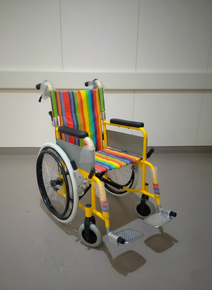 Colorful wheelchair with Colores seat cover on a plain background