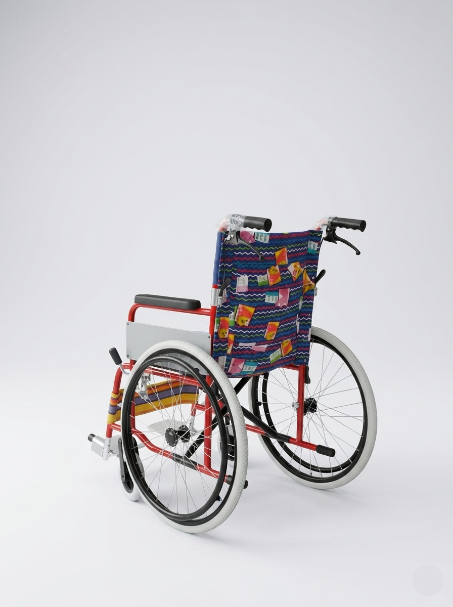 Colorful wheelchair with a patterned cover on a white background