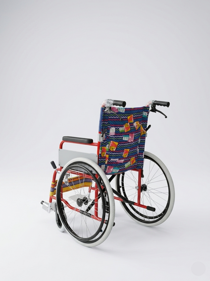 Colorful wheelchair with a patterned cover on a white background