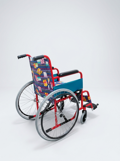 Colorful wheelchair with a patterned seat on a white background