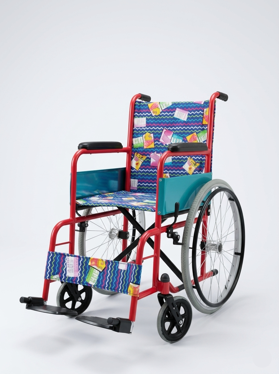 Children's wheelchair with colorful seat cover on a white background