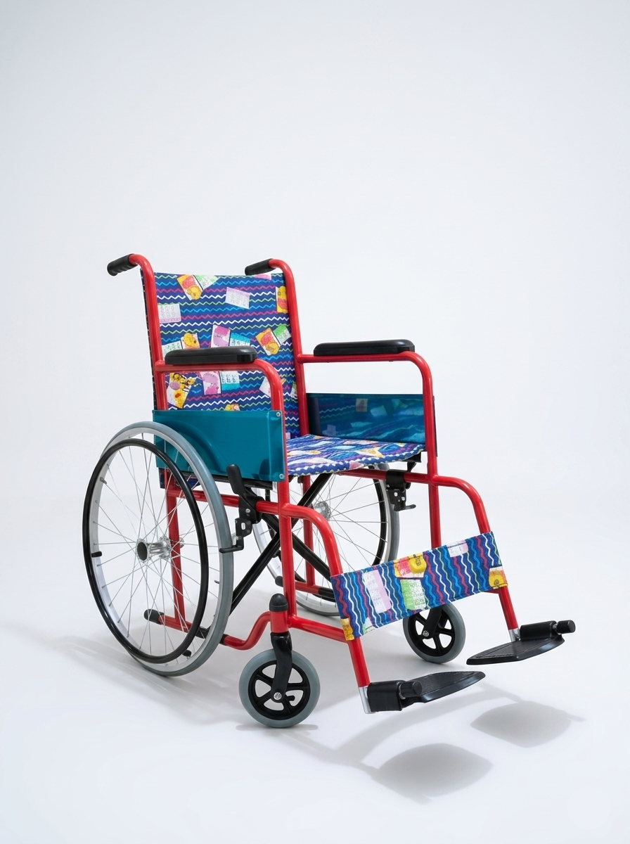 Colorful wheelchair with a patterned cover on a white background