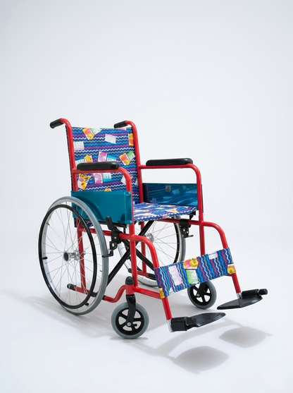 Colorful wheelchair with a patterned cover on a white background