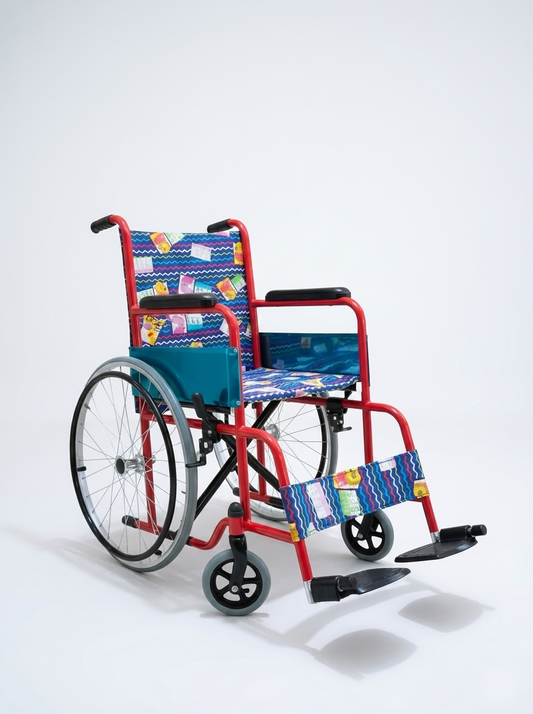 Colorful wheelchair with a patterned cover on a white background