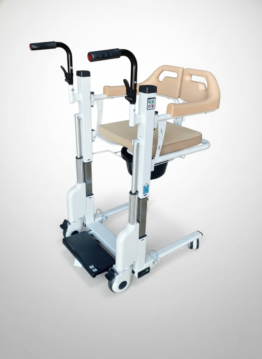 Medical lift chair with beige seat and black handles on a white background