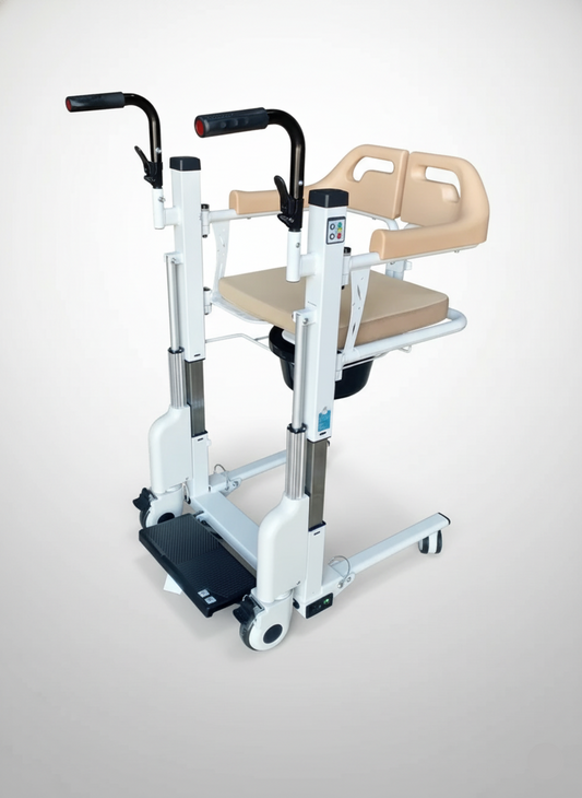 Medical lift chair with beige seat and black handles on a white background