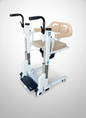 Medical lift chair with beige seat and black handles on a white background