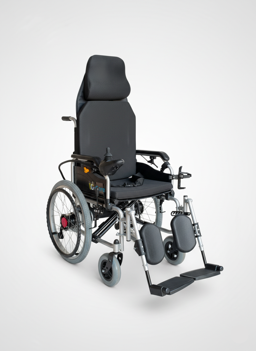 Black wheelchair with elevated headrest on a white background كرسي كهربائى سرير