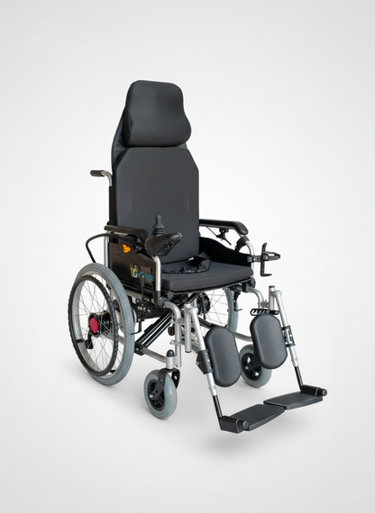 Black wheelchair with elevated headrest on a white background كرسي كهربائى سرير