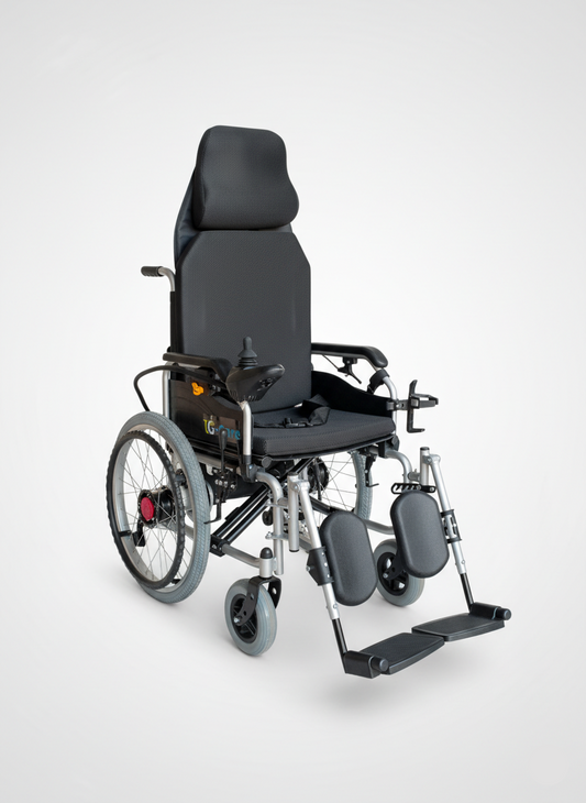 Black wheelchair with elevated headrest on a white background كرسي كهربائى سرير