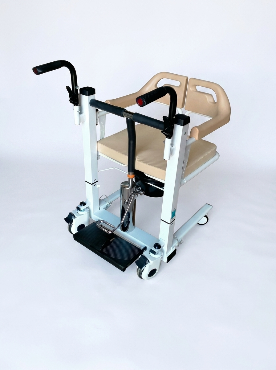 Medical lift chair with beige seat and black handles on a white background