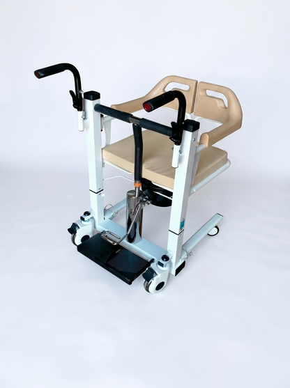 Medical lift chair with beige seat and black handles on a white background