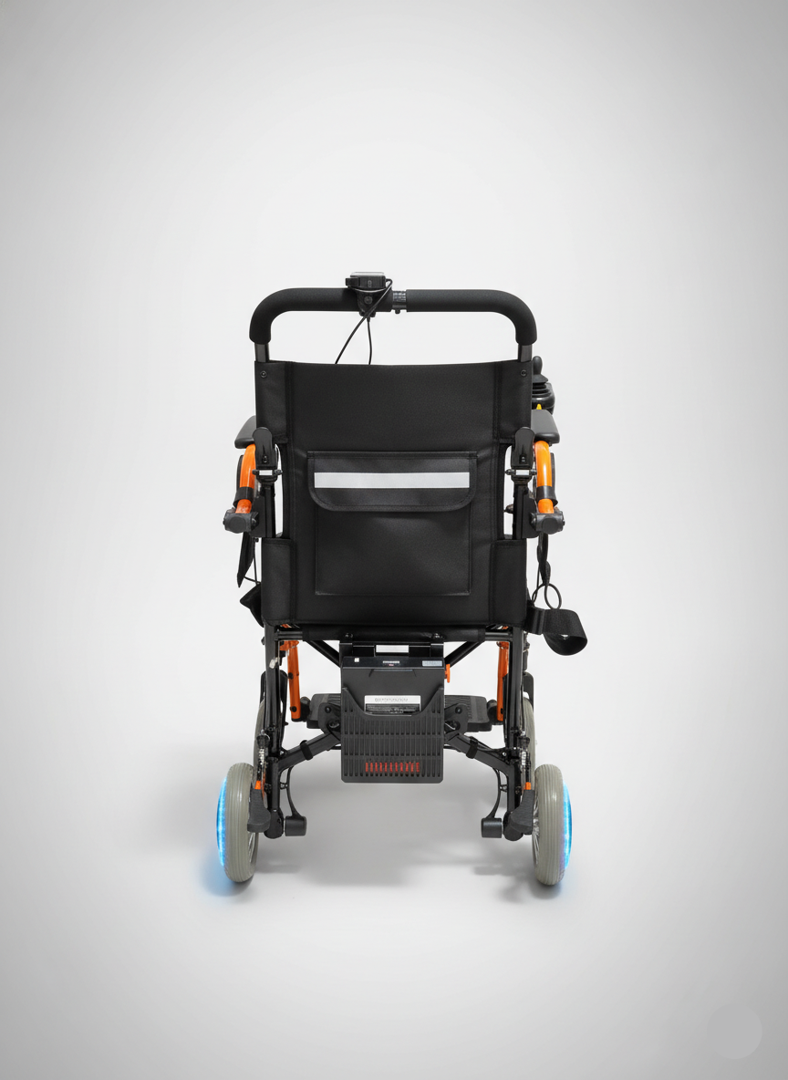 Black electric wheelchair with blue wheels on a gray background