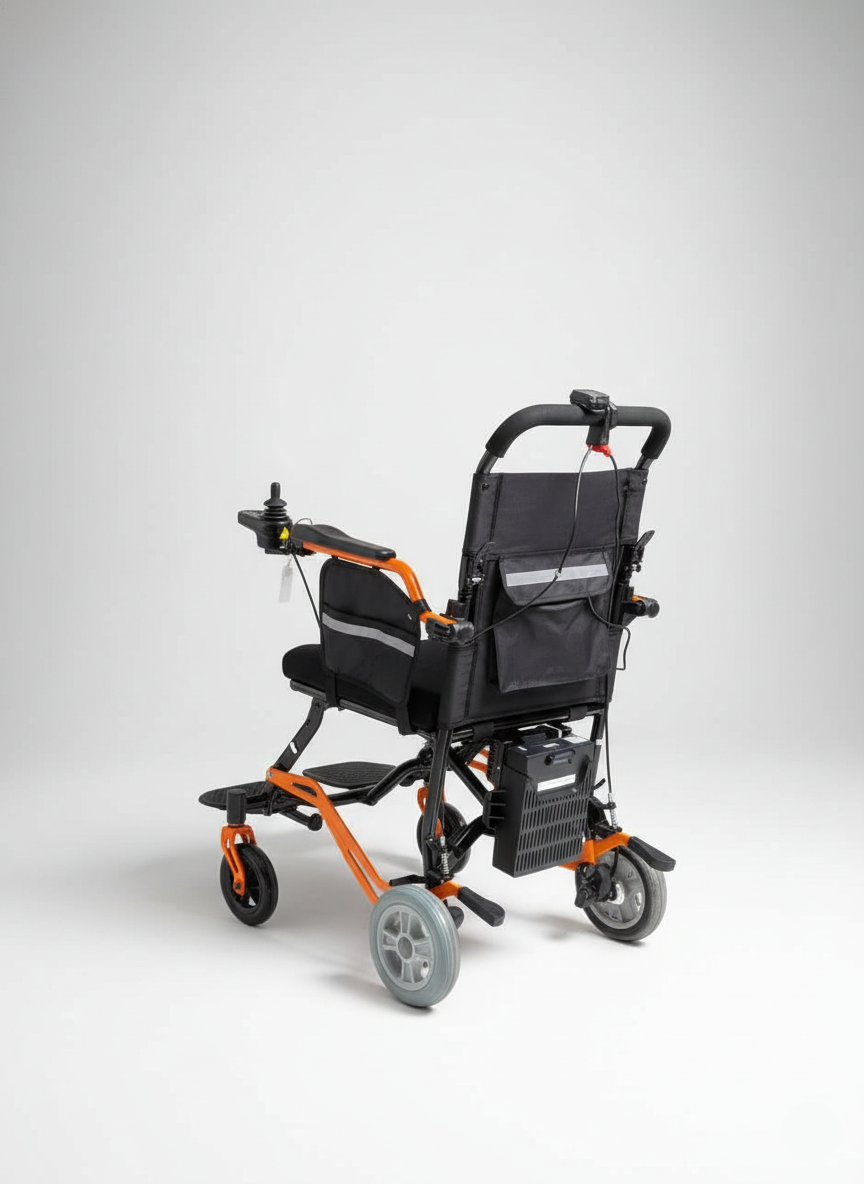 Electric wheelchair with black seat and orange frame on a white background