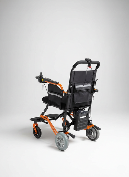 Electric wheelchair with black seat and orange frame on a white background