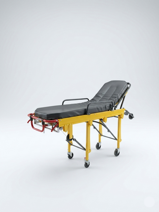  stretcher with black mattress on a white background