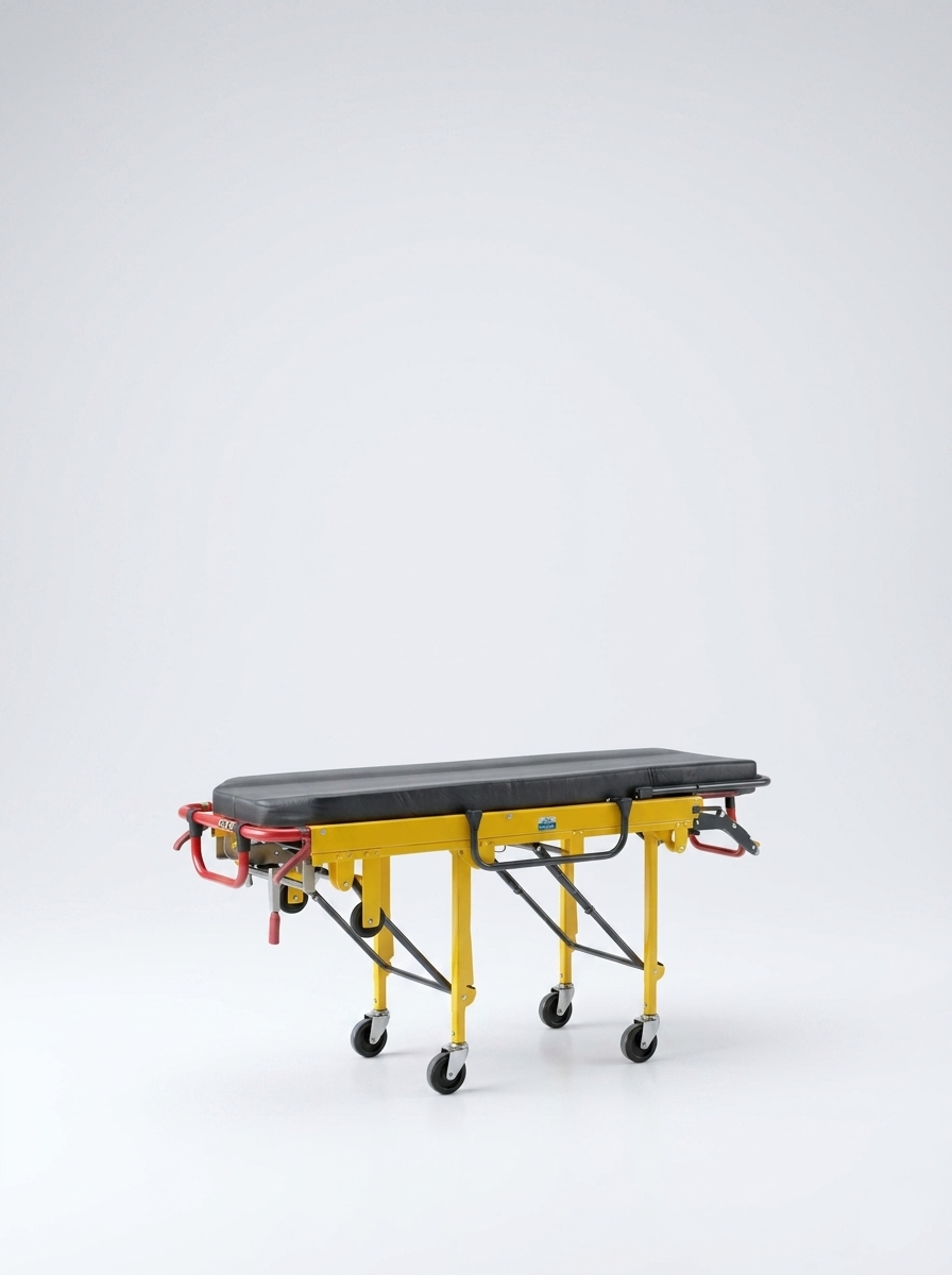  stretcher with yellow legs and black mattress on a white background